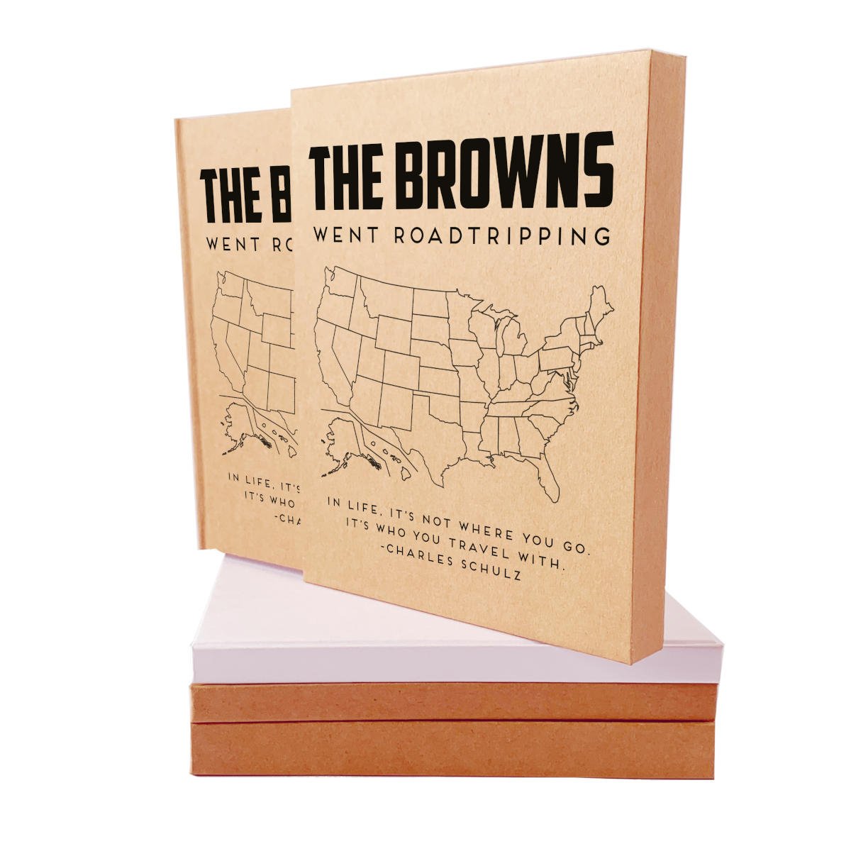 Custom travel notebook in a book slipcase with a colorable USA map cover, perfect for documenting road trip adventures and memories.