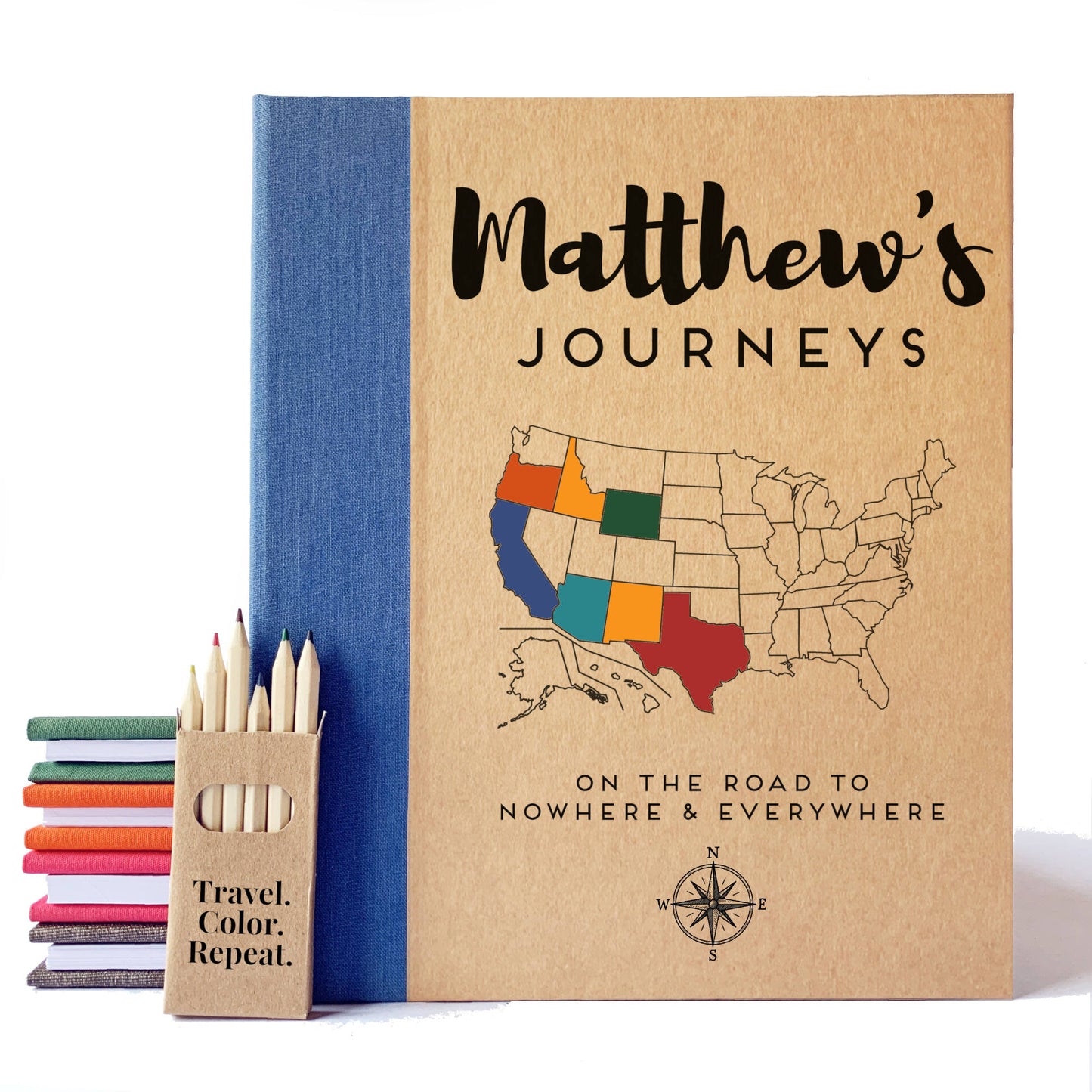 Personalized travel scrapbook with USA map design and colored pencils on a white background. Custom made, hardback, removable pages.