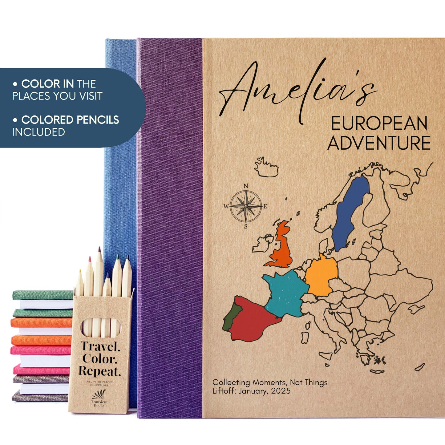 Travel scrapbook with map of Europe, colored pencils, and decorative elements on a white background. Custom made, personalized cover design. Removable pages, hardback.