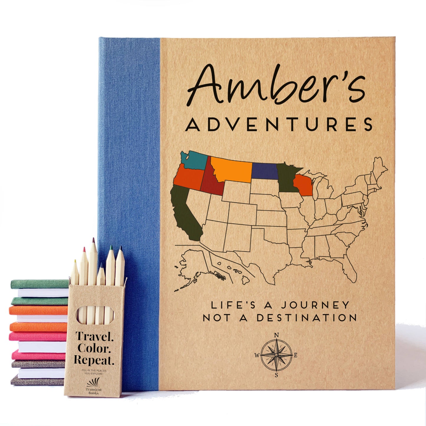 Personalized travel scrapbook with removable pages and custom map cover, perfect for capturing memories on the go.