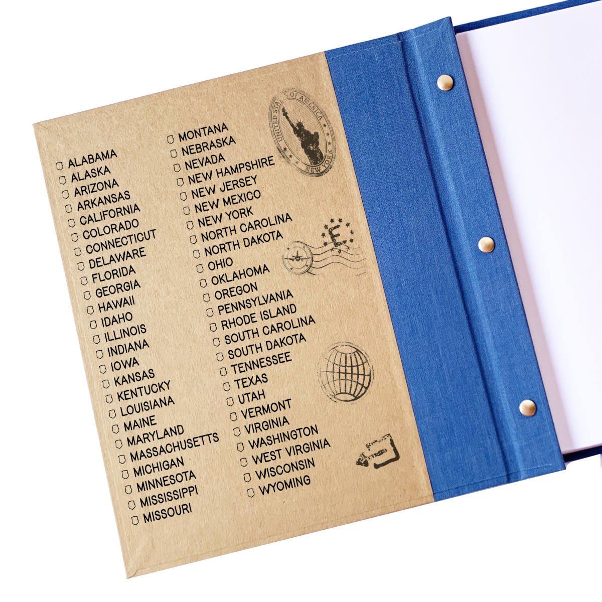 Open travel scrapbook with removable pages, featuring a checklist of states visited for documenting your travel journey.