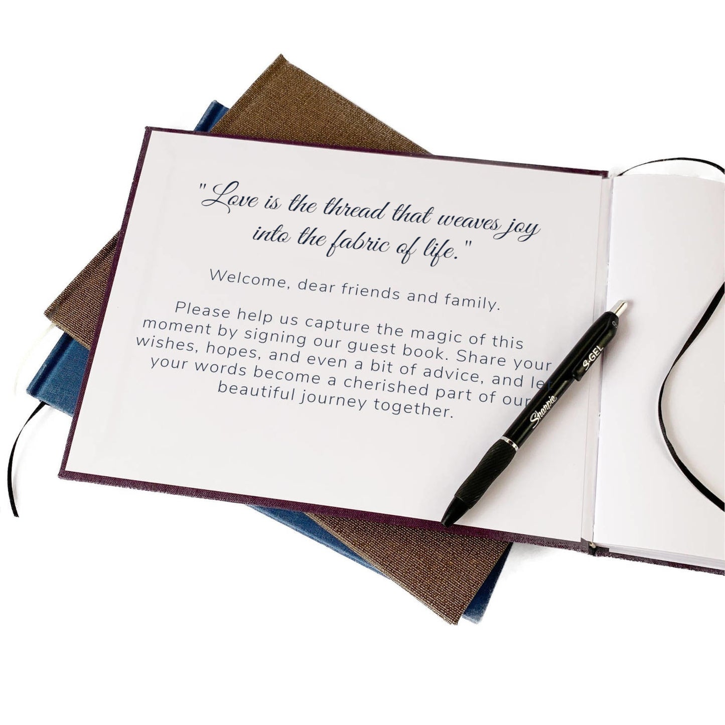 Wedding guest book with heartfelt welcome message custom printed on inside front cover.