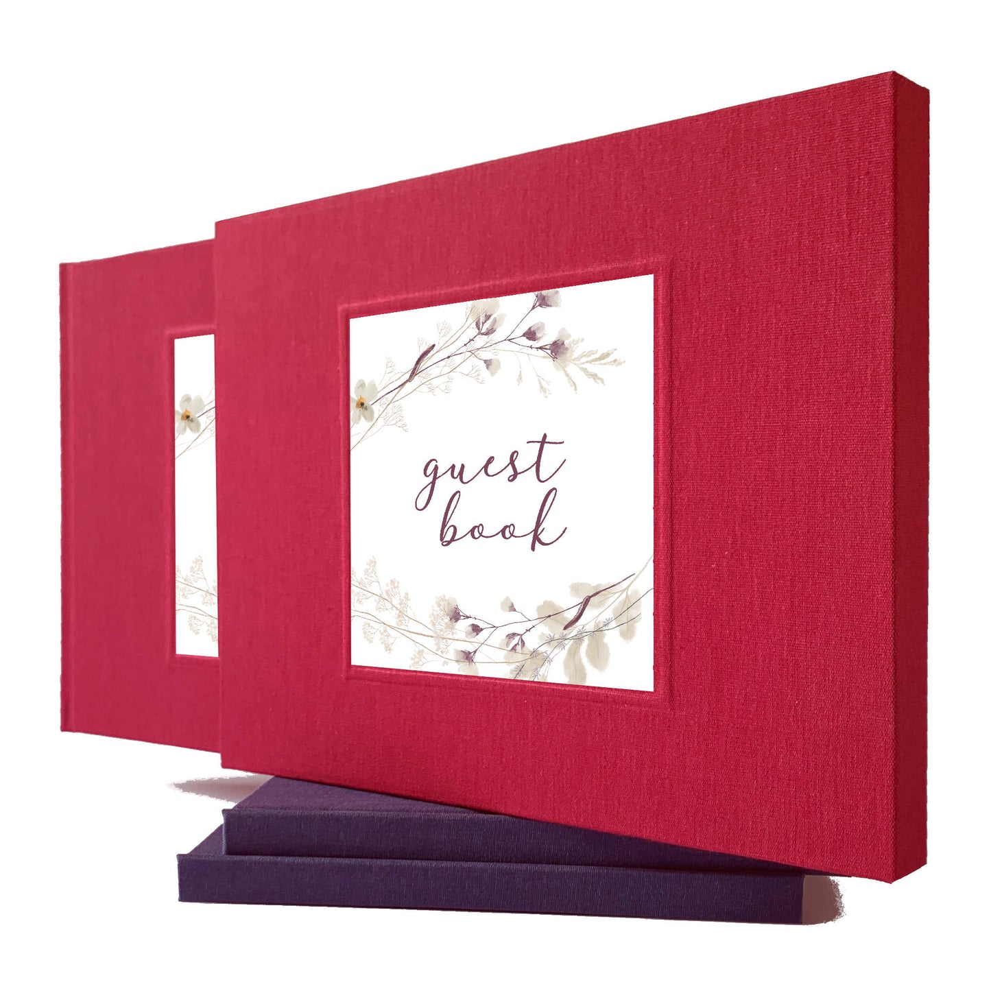 Gray wedding guest book with plum floral design, personalized and shown in matching book slipcase.