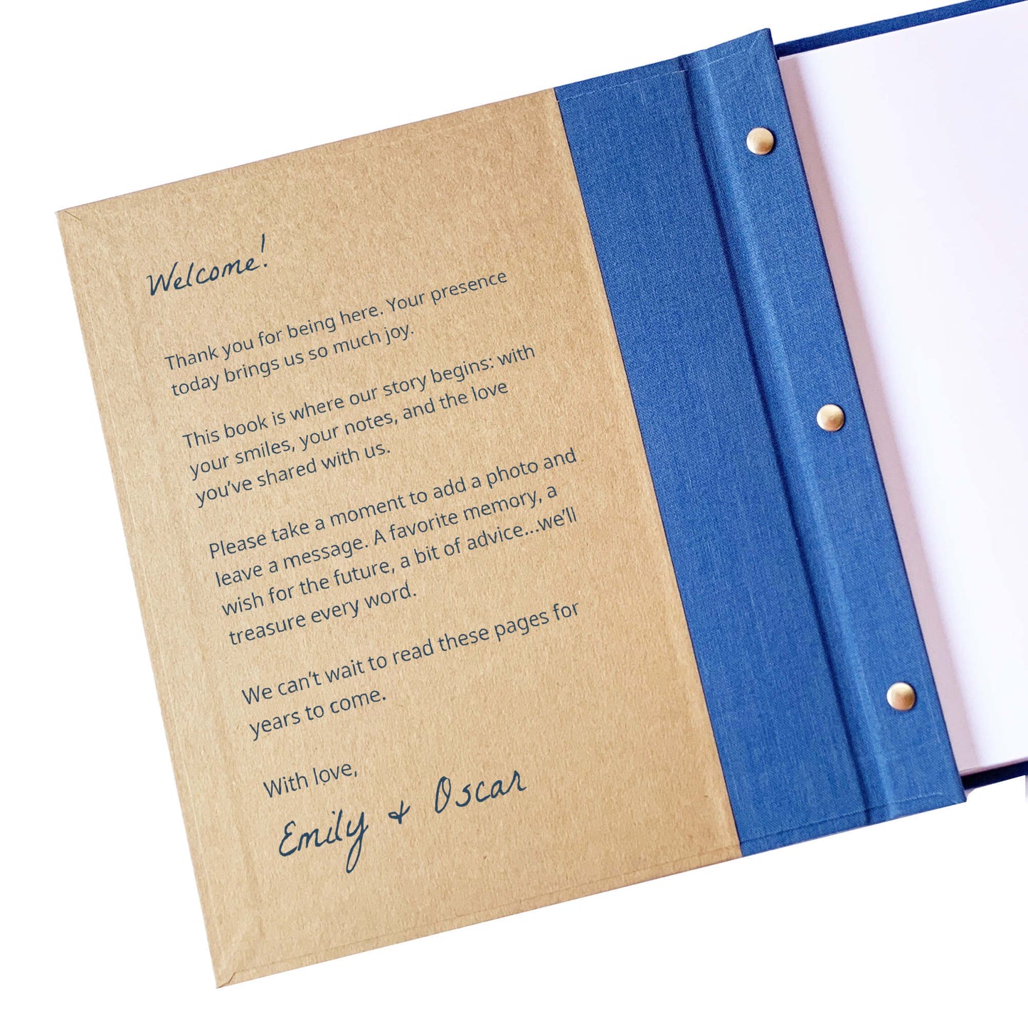 The inside front cover of a wedding photo guest book that has a welcome message custom printed on it to invite the wedding guests to participate in the scrapbook album.