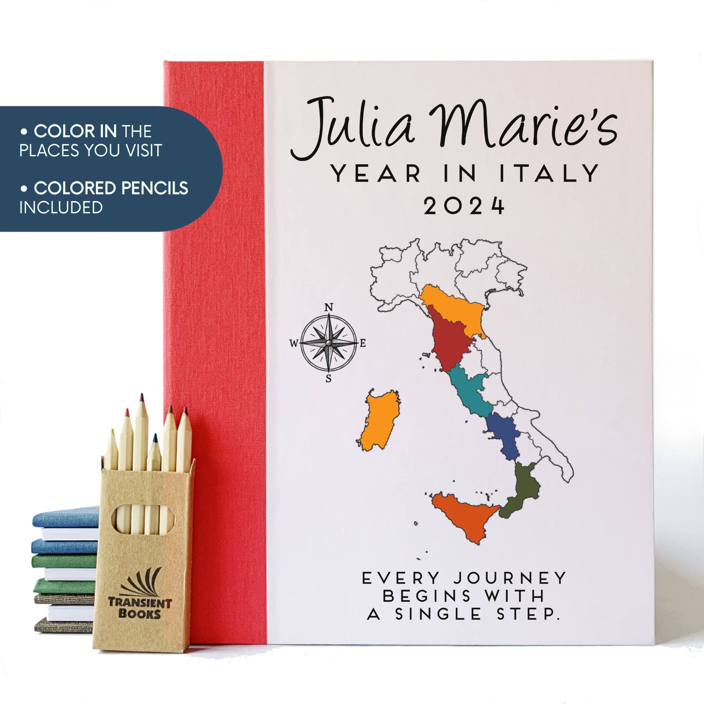 Personalized travel scrapbook with removable pages and custom world map cover, designed to capture your global adventures.