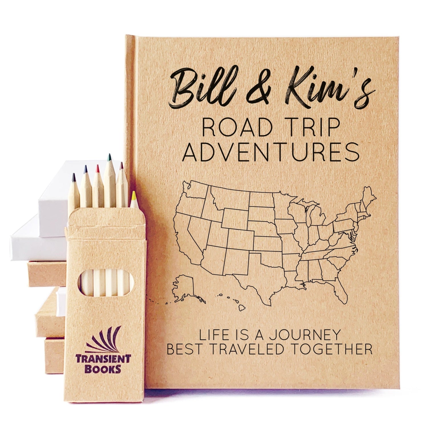 Personalized travel journals with a custom map design on the cover. Color in the places you visit to create a unique record of your adventures.