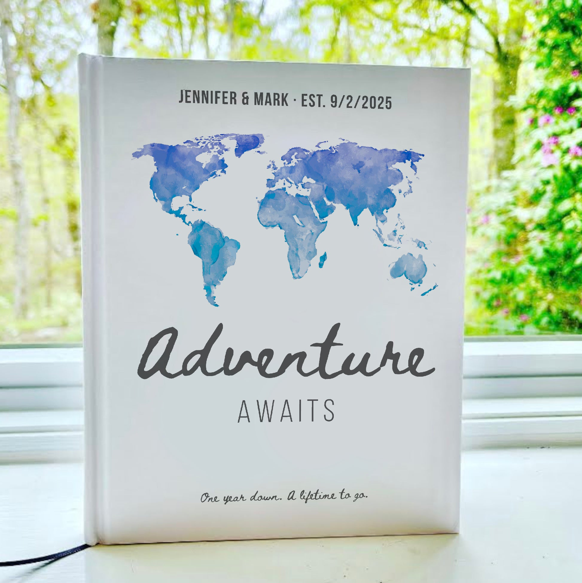 Adventure Awaits travel journal for couple on their 1st paper anniversary. Cover is personalized. Handcrafted heirloom quality book.