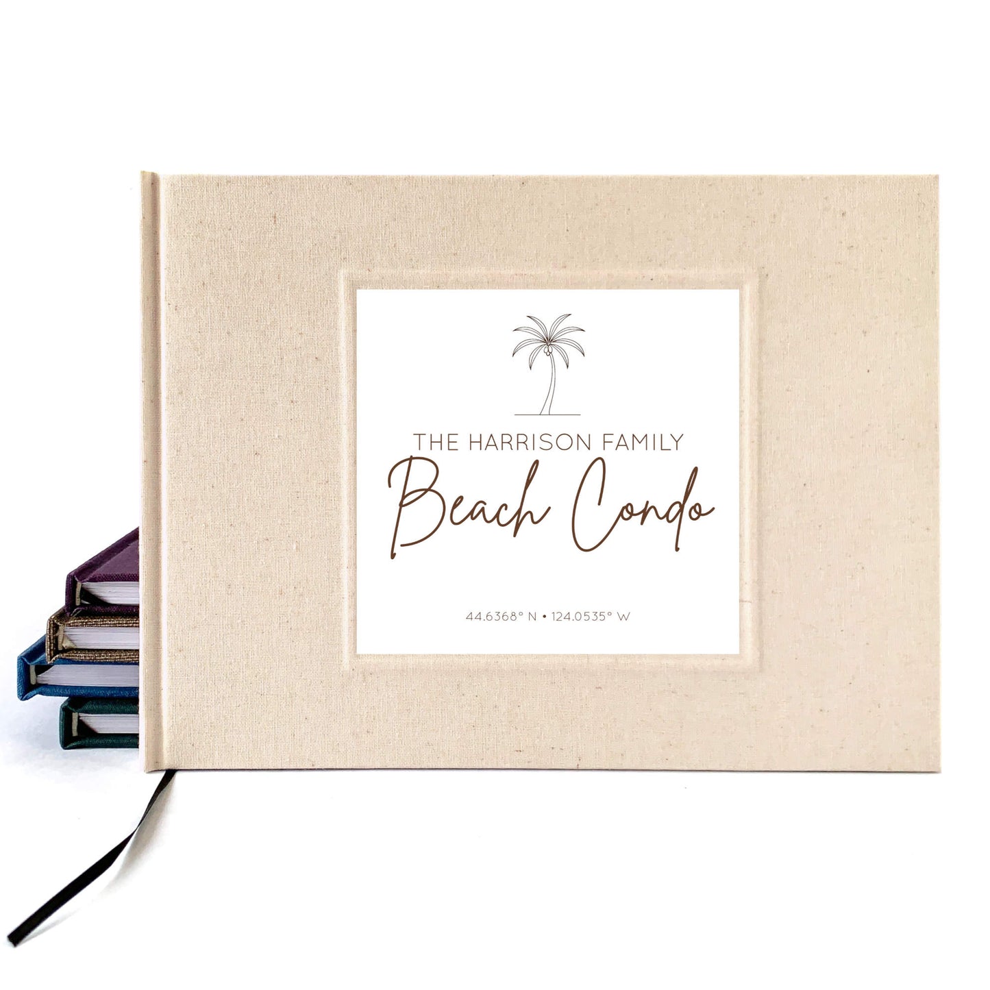 Beach house guest book, personalized, with cream linen cover. Handbound, hardback. 