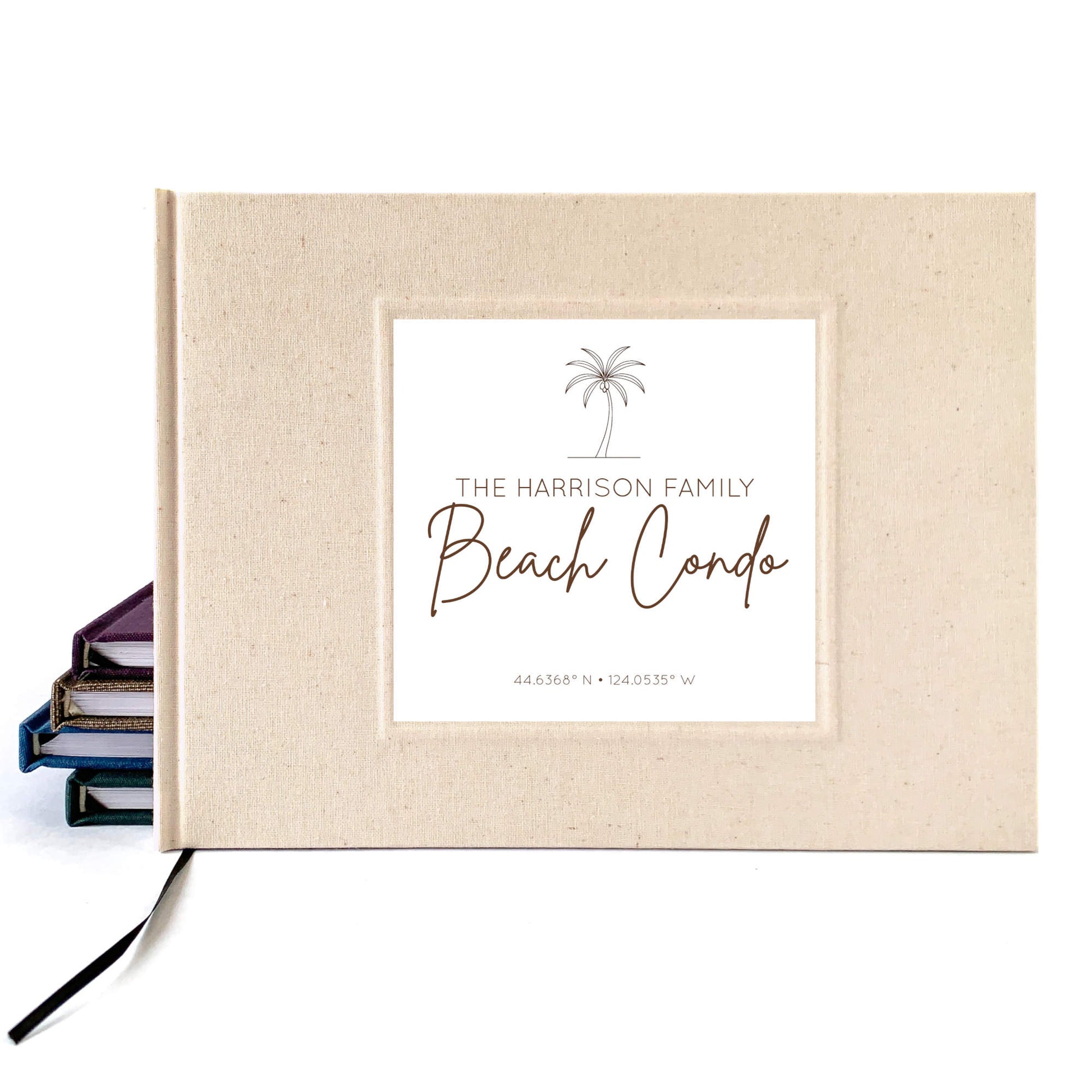 Beach house guest book, personalized, with cream linen cover. Handbound, hardback. 