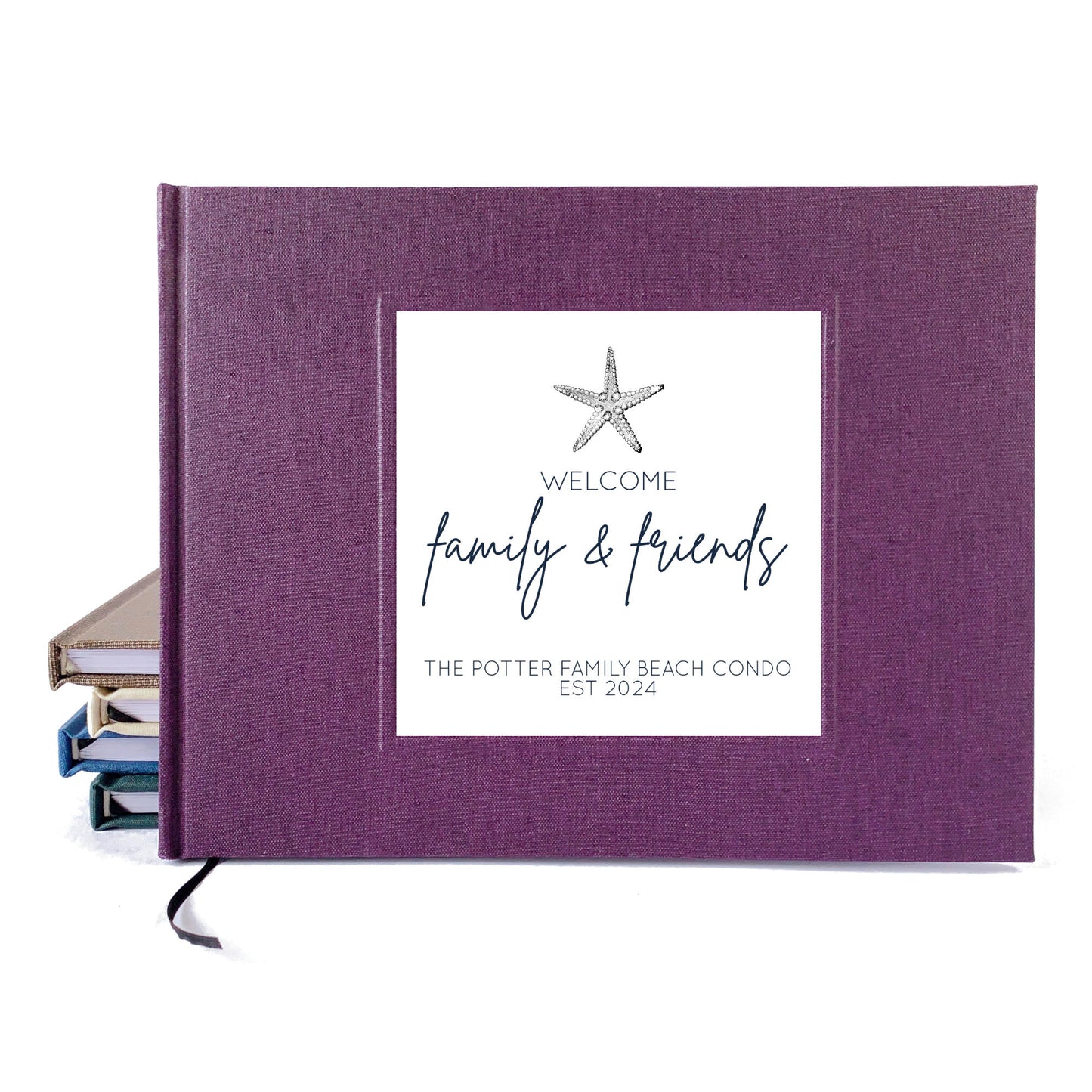 Purple beach house guest book with a star fish design on the cover. Hardback, made to order, very high quality and modern. Personalized.
