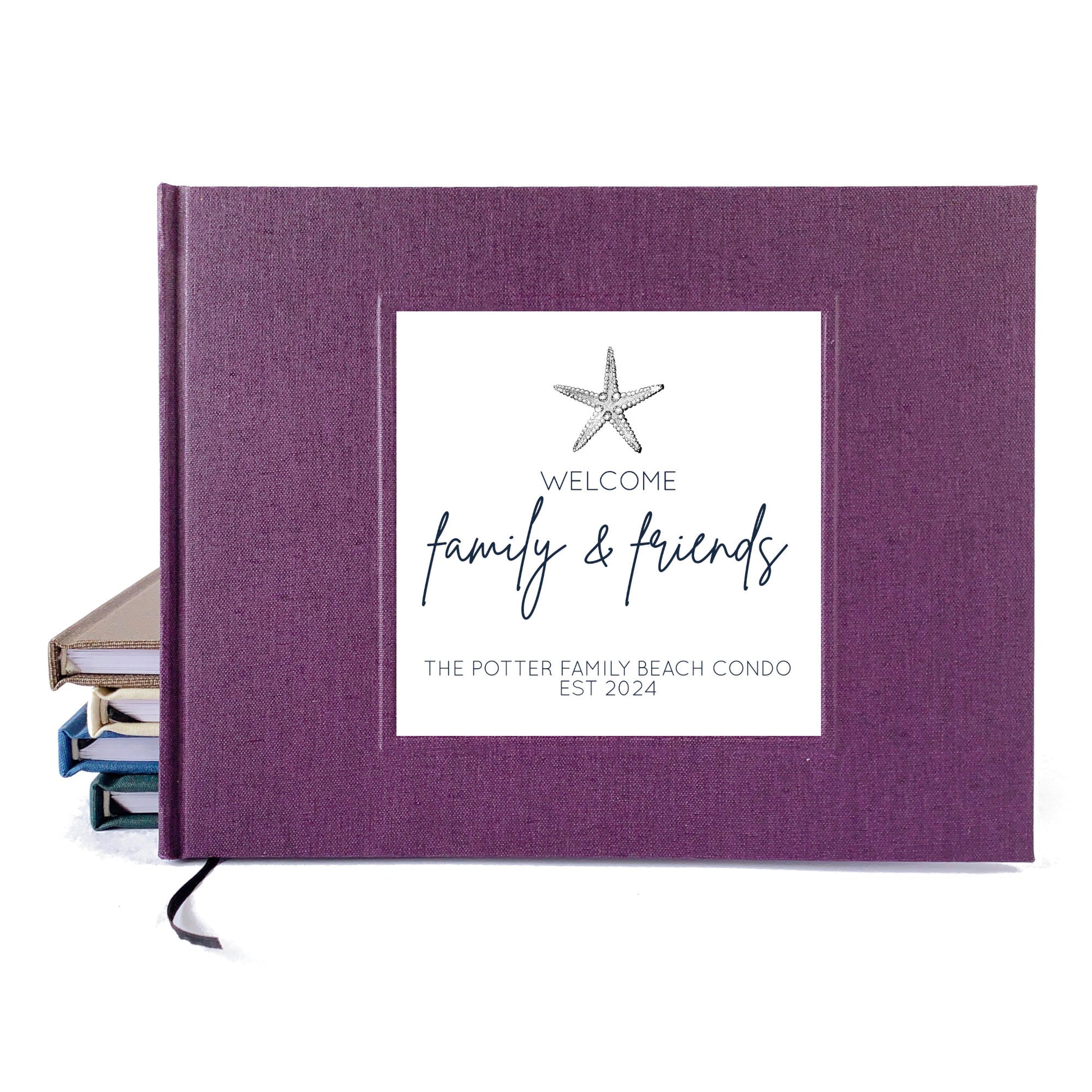 Purple beach house guest book with a star fish design on the cover. Hardback, made to order, very high quality and modern. Personalized.