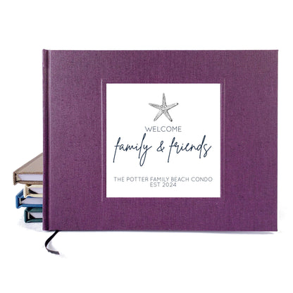 Purple beach house guest book with a star fish design on the cover. Hardback, made to order, very high quality and modern. Personalized.