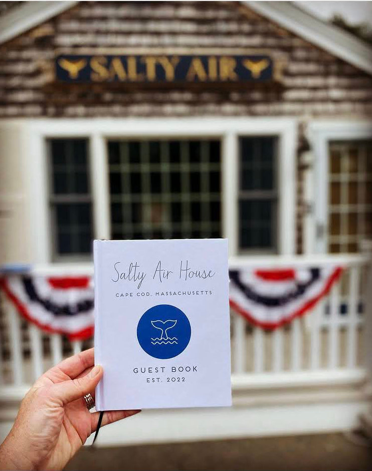 Personalized, hand-bound beach house guest book with custom logo on the cover – the perfect keepsake for capturing memories by the sea.