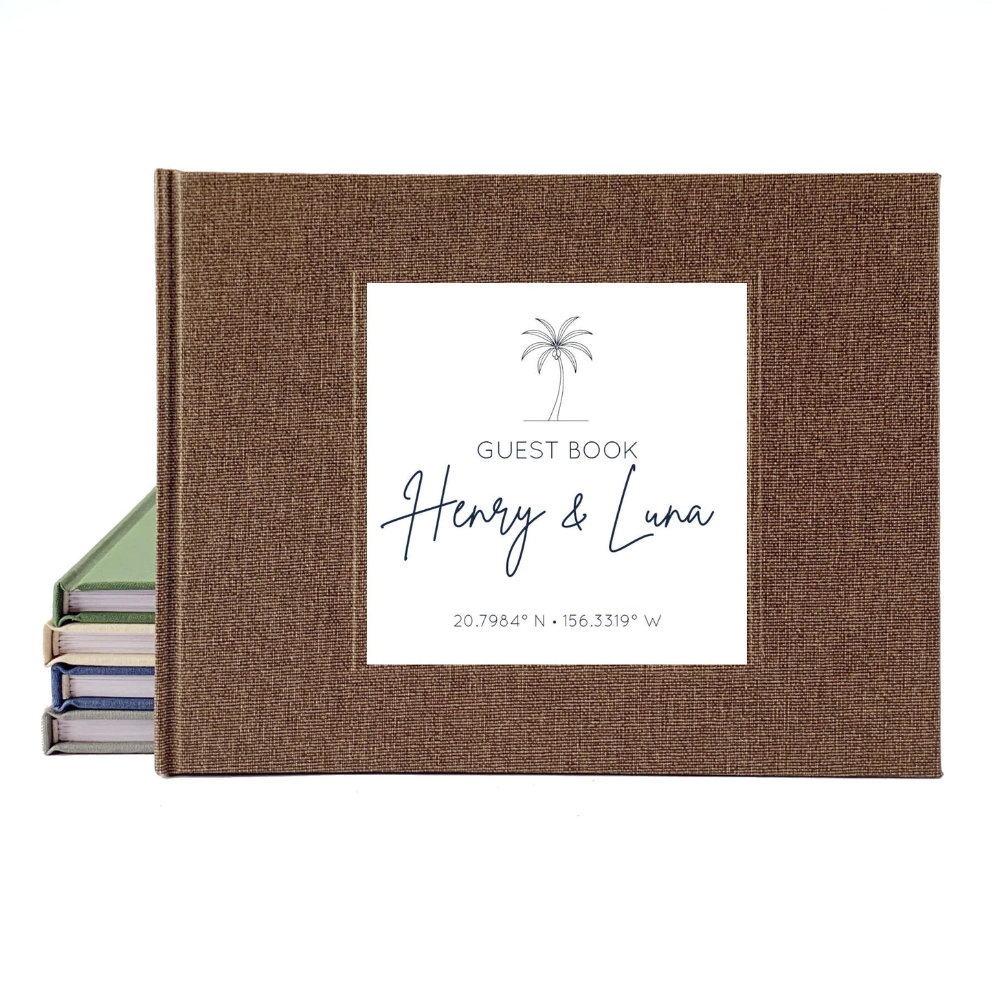 Custom beach wedding guest book with hardback brown linen cover and coastal design for engaged couple