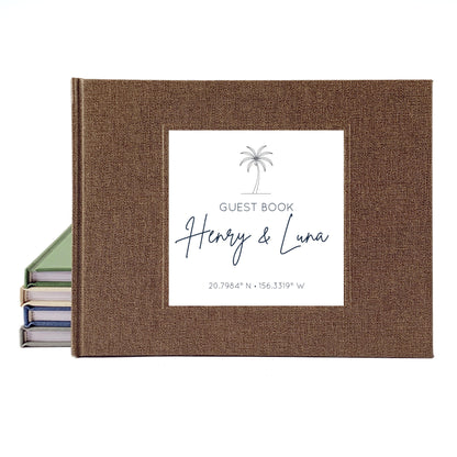 Custom beach wedding guest book with hardback brown linen cover and coastal design for engaged couple