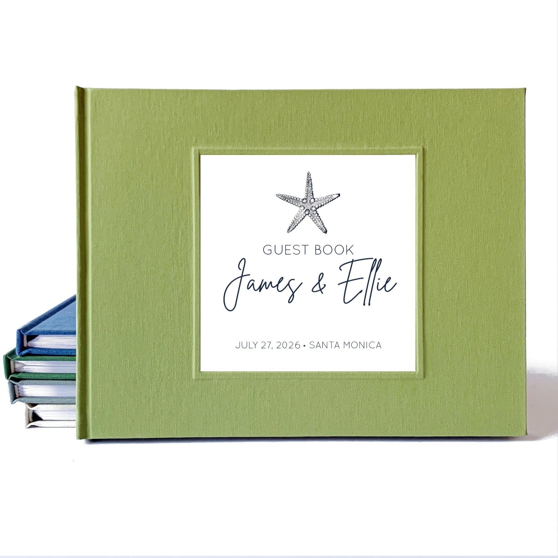 Custom beach wedding guest book with hardback pale moss green linen cover and coastal design for engaged couple