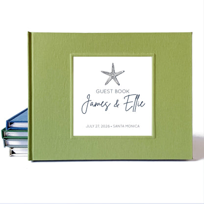 Custom beach wedding guest book with hardback pale moss green linen cover and coastal design for engaged couple