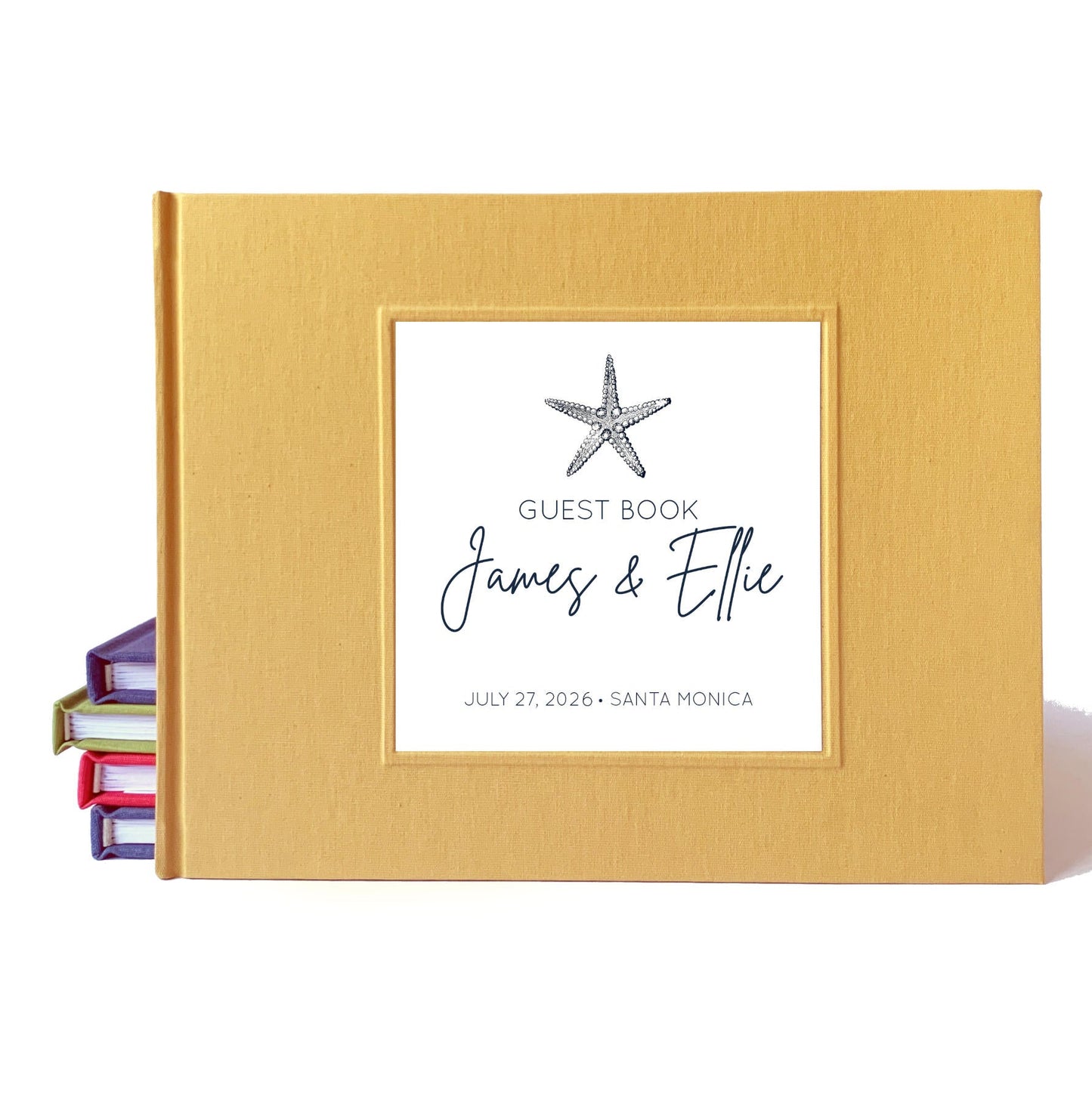 Custom beach wedding guest book with hardback yellow linen cover and coastal design for engaged couple