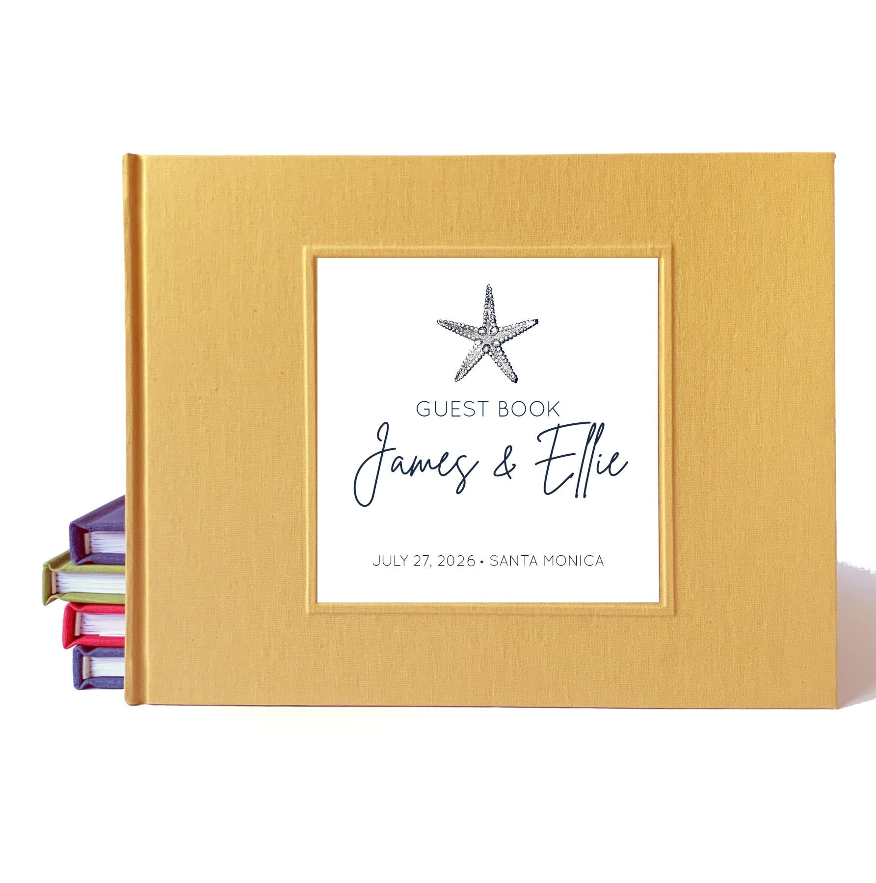 Custom beach wedding guest book with hardback yellow linen cover and coastal design for engaged couple