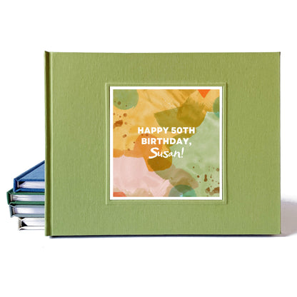 Birthday party guest book with green linen hardback cover, made to order. Personalized watercolor art work and birthday wishes printed on cover.