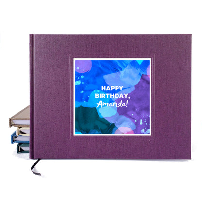 Personalized birthday party guest book, purple linen, hardback, with watercolor artwork personalized on the cover. Made to order.