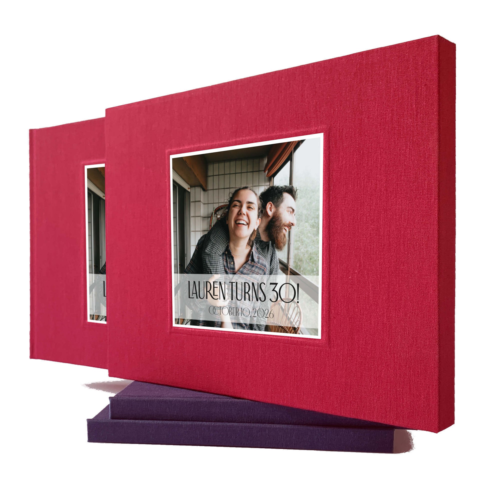 Birthday party guest book, burgundy linen book, in a matching book slip case. Photo of birthday girl on cover, with custom text.