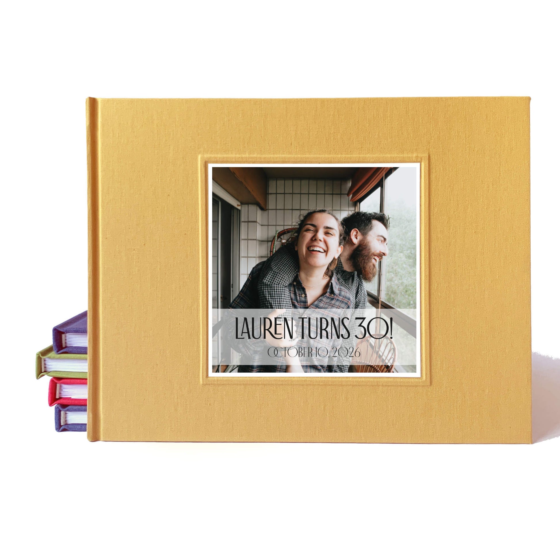 Birthday party guest book with yellow linen hardback cover, custom photo and text on the cover, made to order.