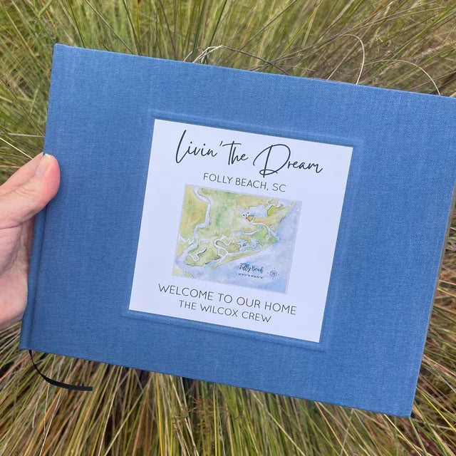 Elegant hand-bound guest book featuring custom map, ideal for luxury vacation homes.