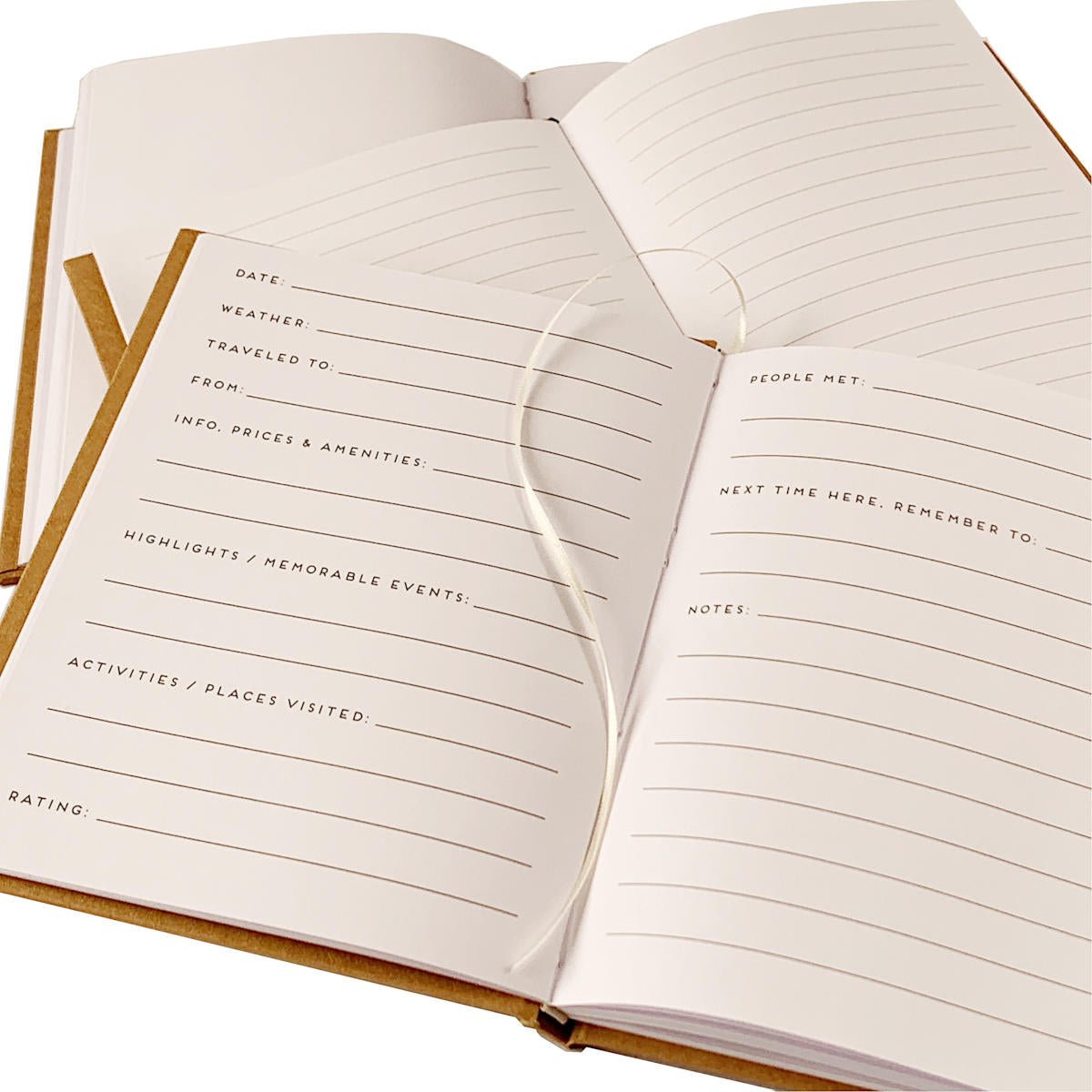Open travel journals displaying three page options: blank, lined, and travel prompts.