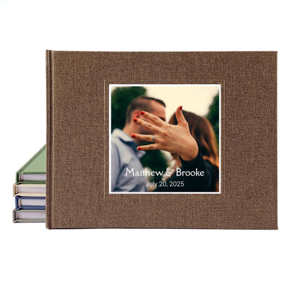 Bridal guest book with custom photo on cover, personalized hardcover keepsake for capturing wedding memories and guest messages.