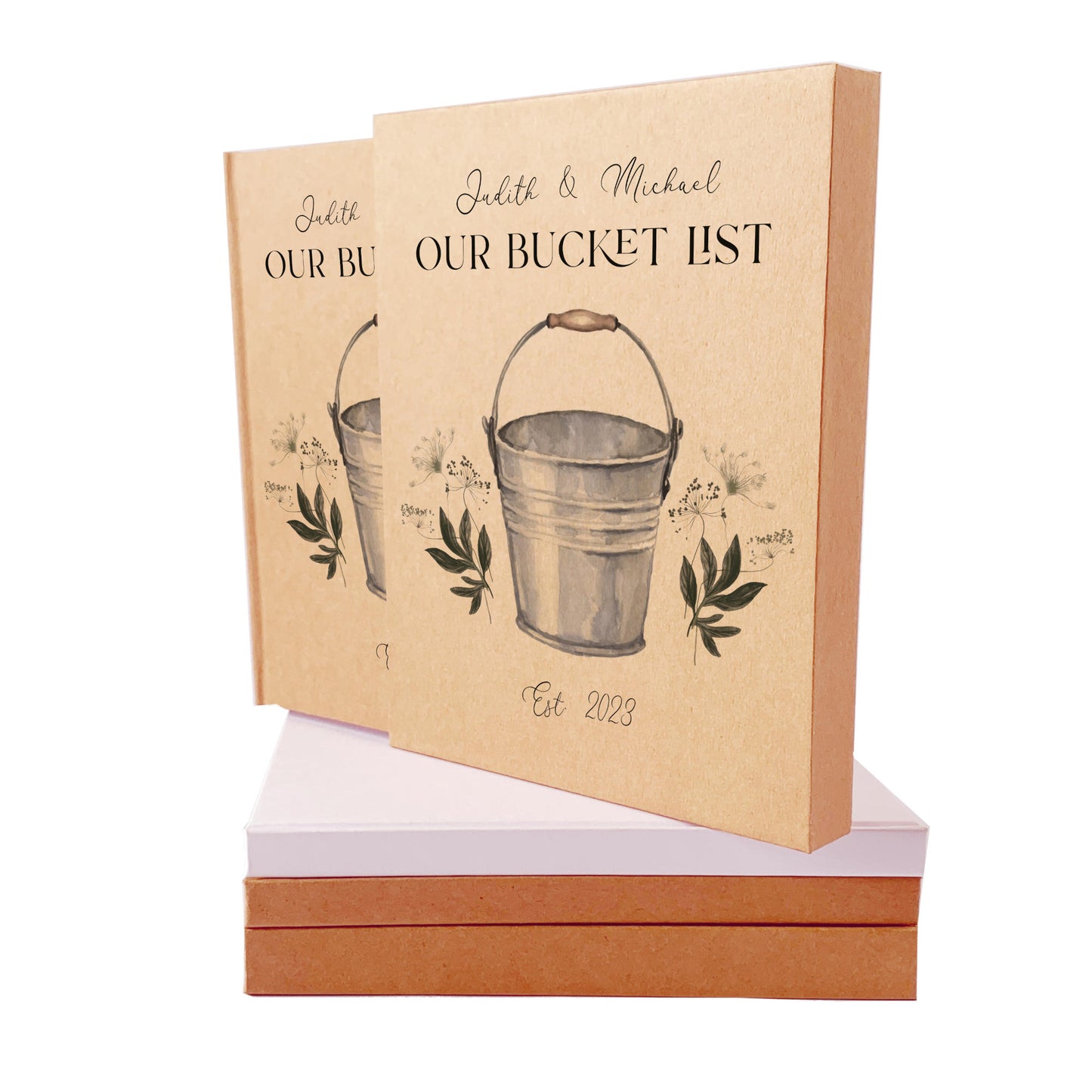 Handcrafted bucket list book in slip case. Personalized anniversary gift for the couple.