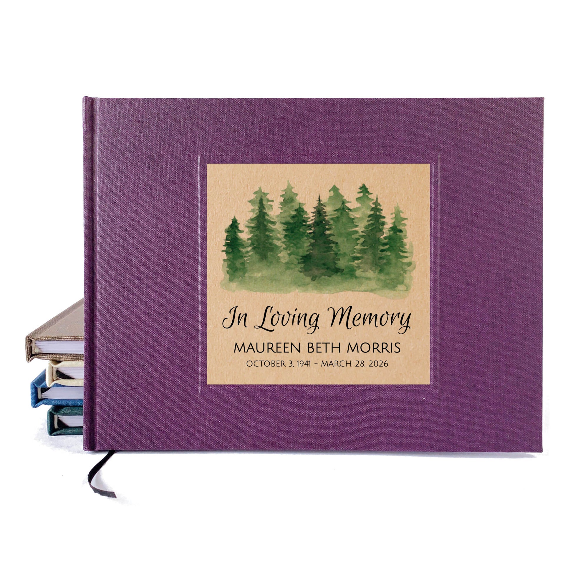 Purple memorial service guest book with a natural colored watercolor painting of trees on the cover with custom text.