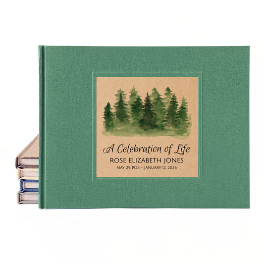 Green linen celebration of life memorial book with natural watercolor artwork of trees and custom text.