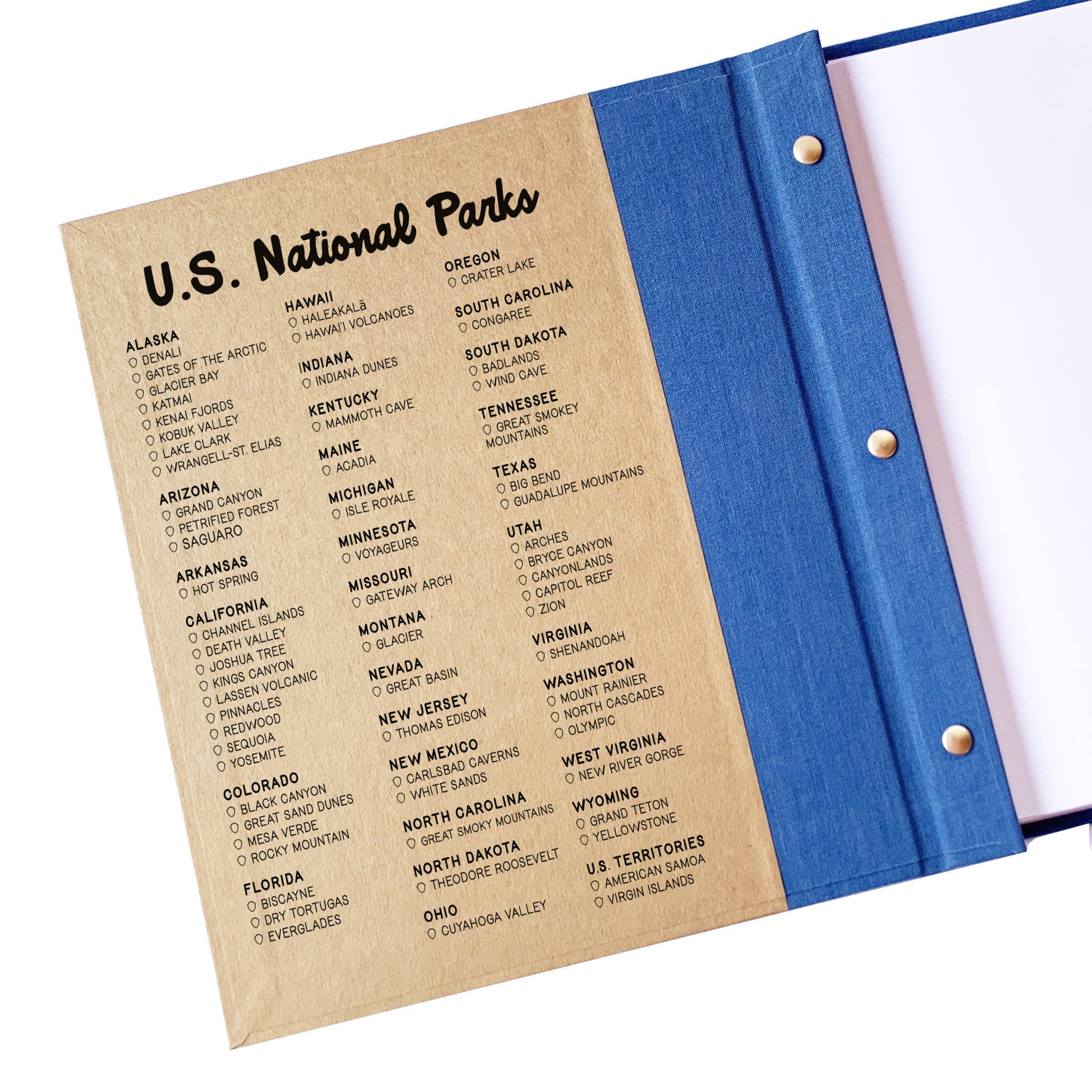 Checklist of national parks on inside front cover of national parks scrapbook.