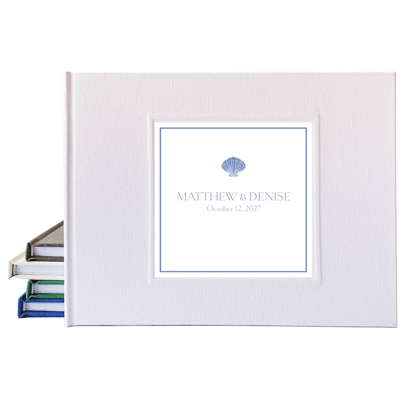 Dusty blue coastal design for a custom wedding guest book. White linen hardback cover, personalized name and date.