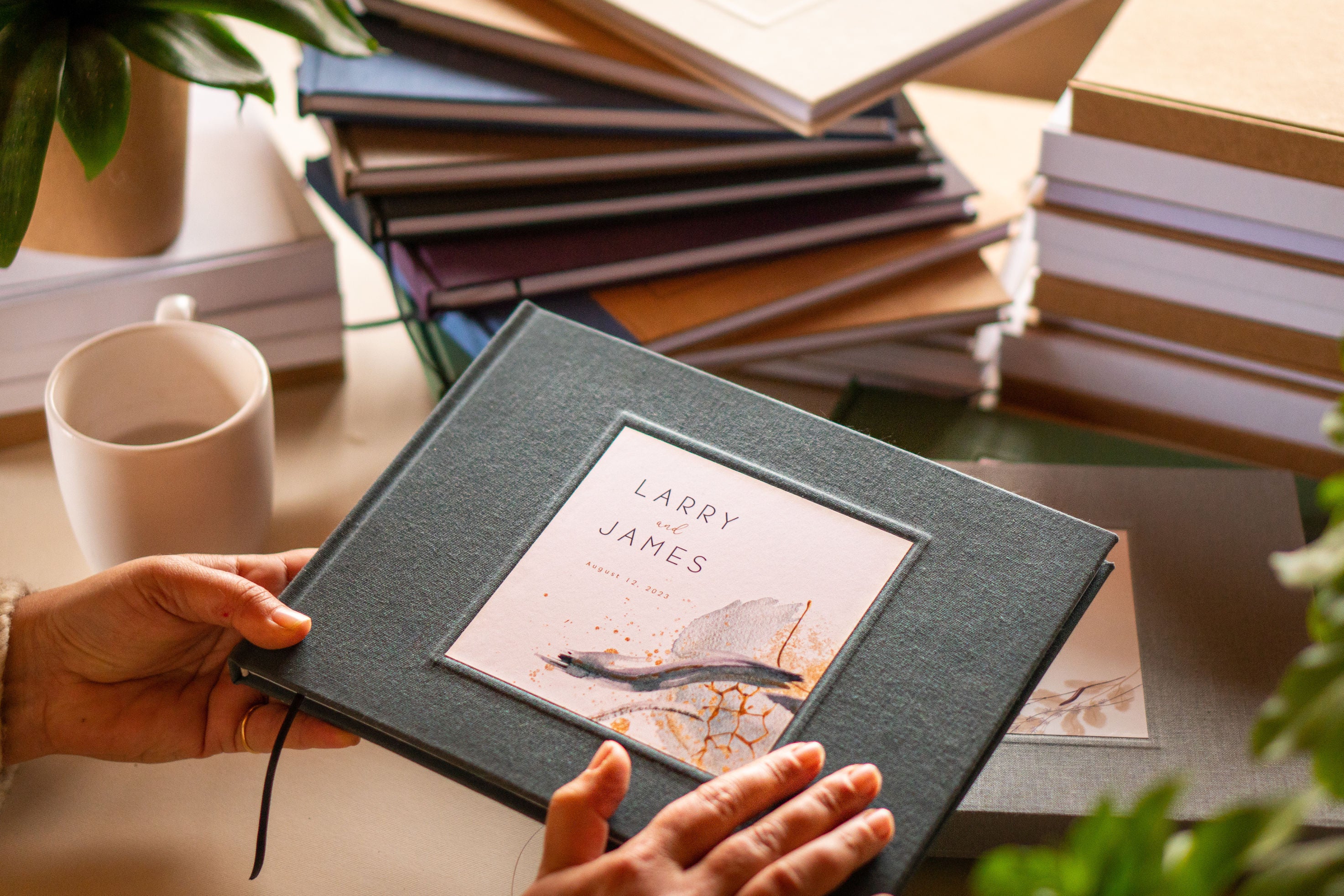 Exquisite custom hand-bound books in a variety of designs, showcasing personalized craftsmanship and artisanal bookbinding.