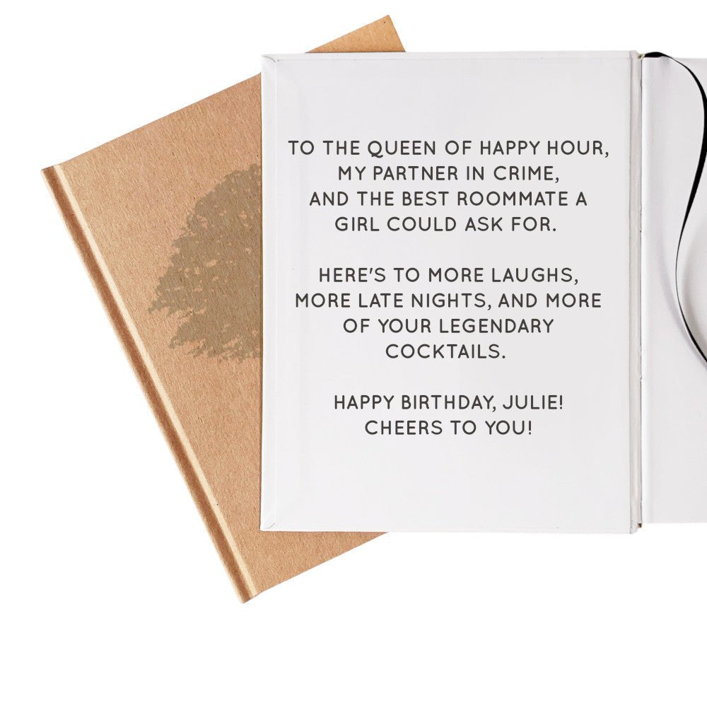 A custom meaningful message on the inside front cover of a custom cocktail recipe book. 