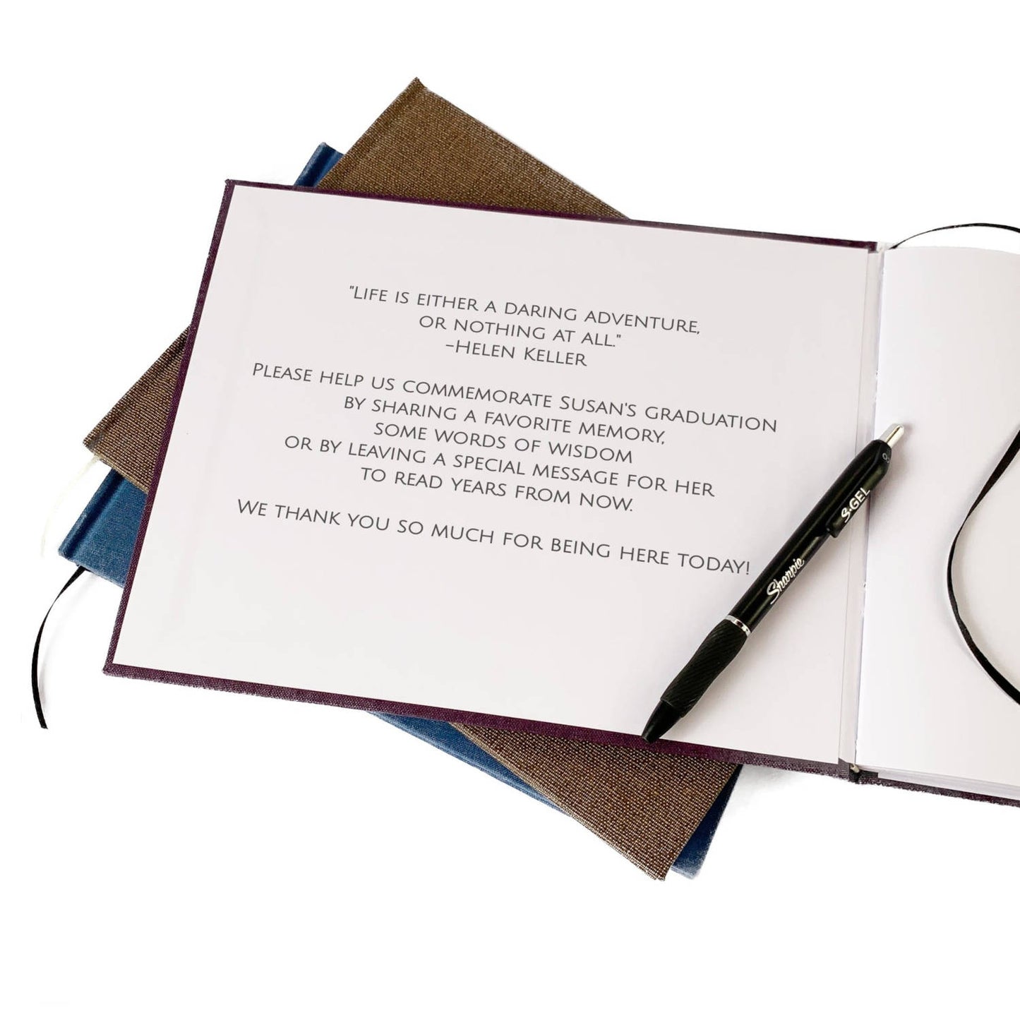 Custom printed text on the inside of a personalized graduation party guest book. Inspirational and meaningful dedication.