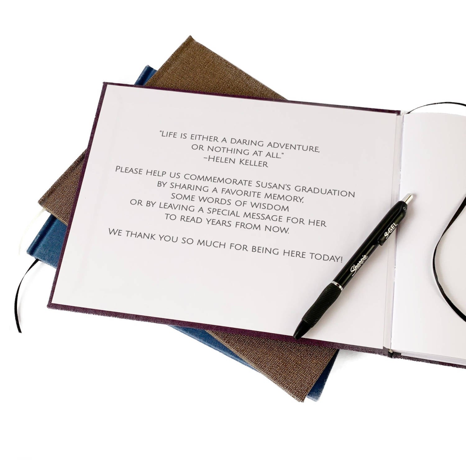 Custom printed text on the inside of a personalized graduation party guest book. Inspirational and meaningful dedication.