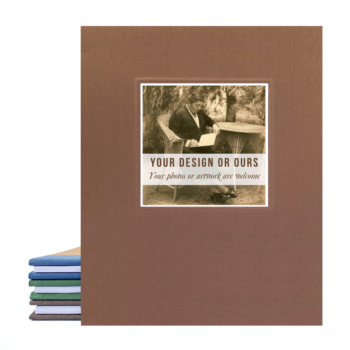 Brown linen recipe binder with a custom photo of a grandmother on the cover looking at her own recipe book. The binder is standing upright, leaning on other recipe binders, with a white background.