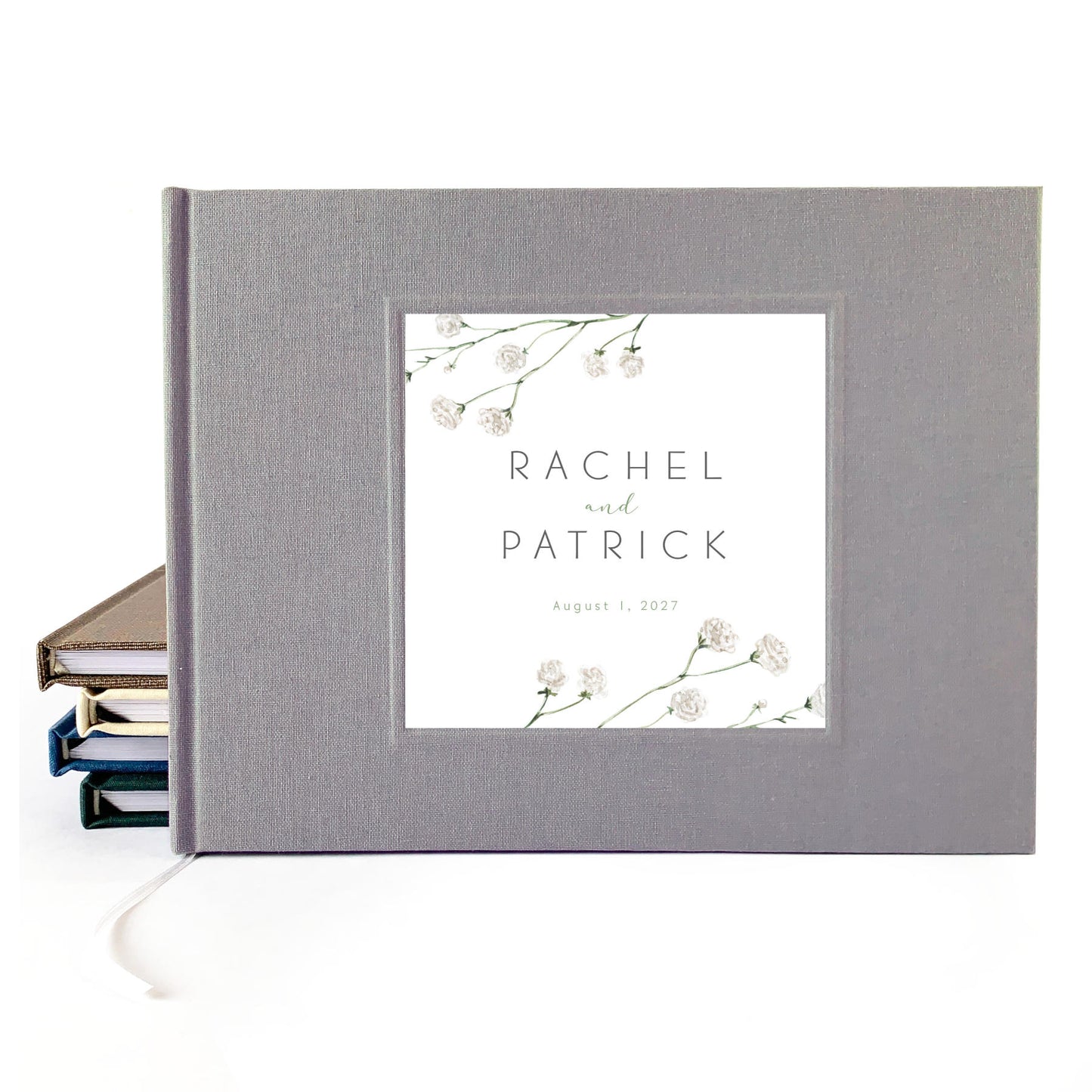 Custom botanical wedding guest book with hardback gray linen cover  for engaged couple