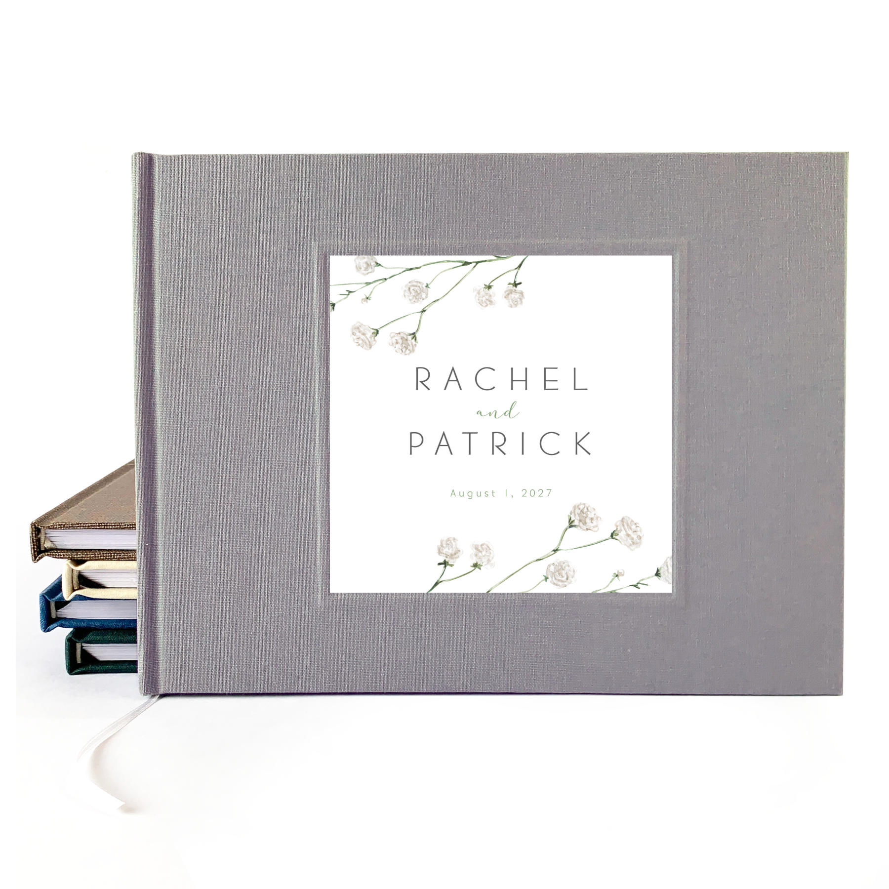 Custom botanical wedding guest book with hardback gray linen cover  for engaged couple