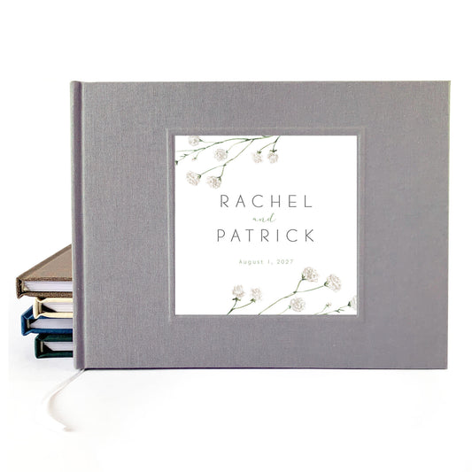 Custom botanical wedding guest book with hardback gray linen cover  for engaged couple