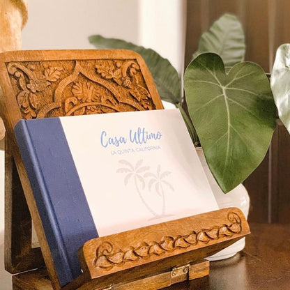 Customizable guest book for home displayed on an entryway table, ready to welcome guests and capture cherished memories.