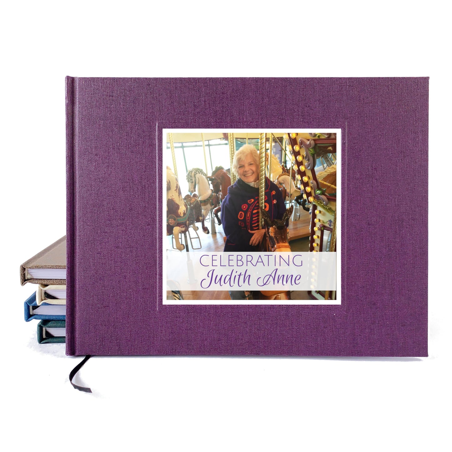 Heirloom quality funeral guest book with a personalized cover that has custom text and photo on the cover. 