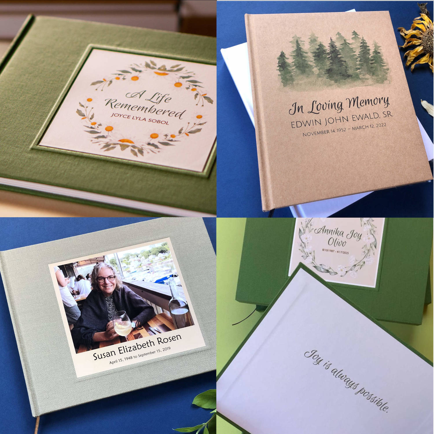 Collection of handbound custom memory books with personalized text and photos on a blue background.
