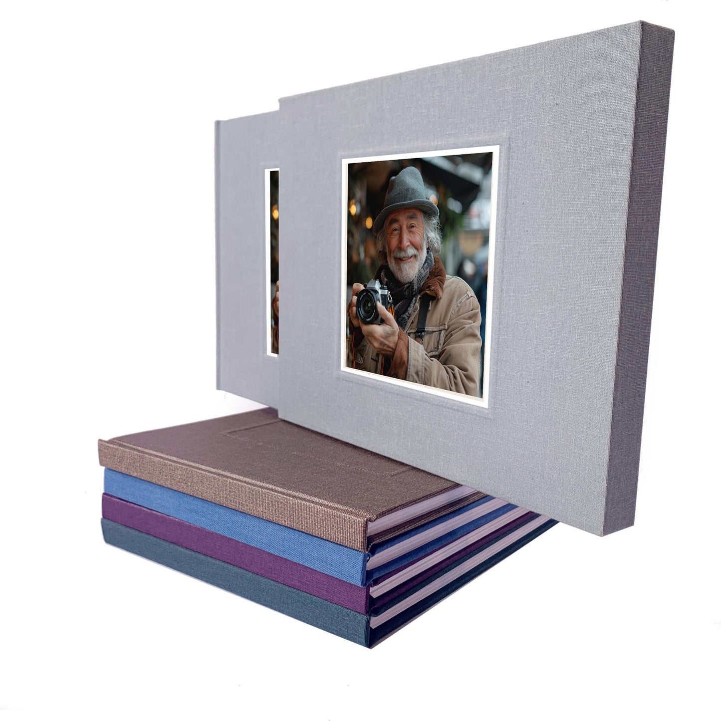 Gray hand crafted funeral guest book with photo of the deceased on the cover. Housed in a book slipcase for protection. Heirloom quality, hand crafted.
