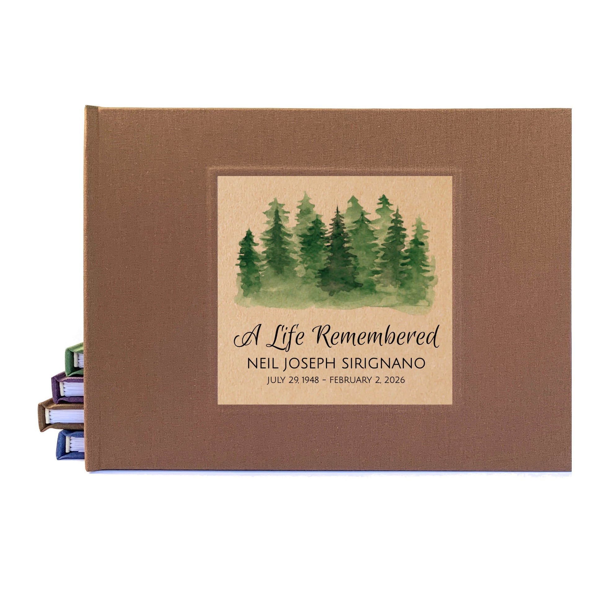 Brown linen Memorial book with green watercolor tree design and custom text on a white background