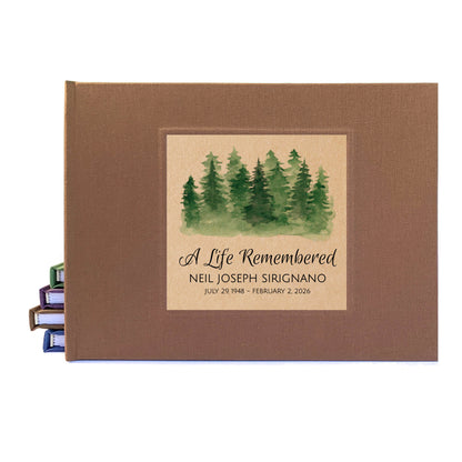 Brown linen Memorial book with green watercolor tree design and custom text on a white background