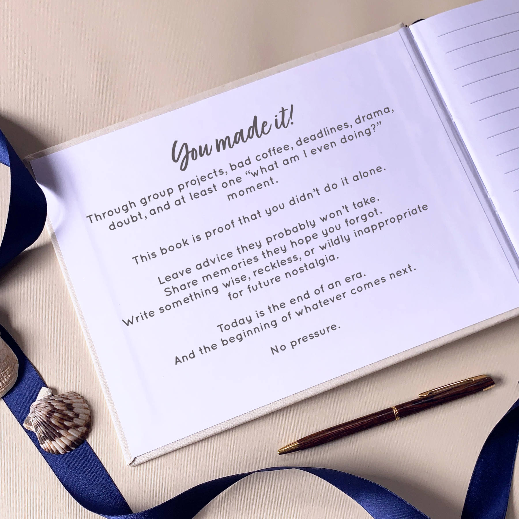 Inside front cover a custom graduation party guest book with a meaningful custom message printed.